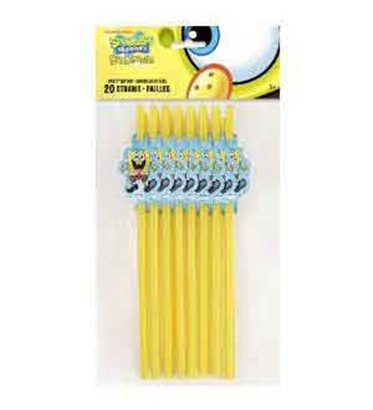 Set of 20 yellow plastic straws with SpongeBob SquarePants character toppers.