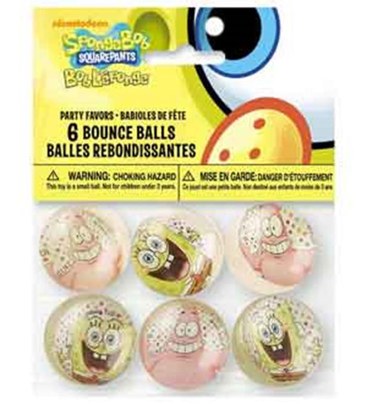 Set of six colorful SpongeBob SquarePants themed bounce balls with various character faces on yellow packaging.