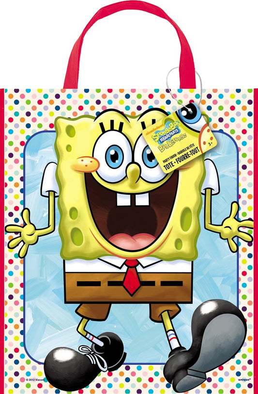 Colorful SpongeBob SquarePants tote bag with red handles and a cheerful cartoon design on a white background with.