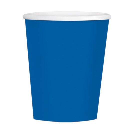 Bright royal blue disposable coffee cup with white rim, 12oz capacity.