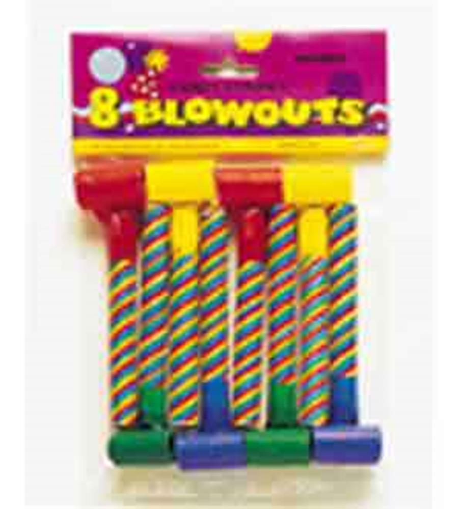 Set of eight colorful party blowouts with red, yellow, green, and blue striped candy cane design.