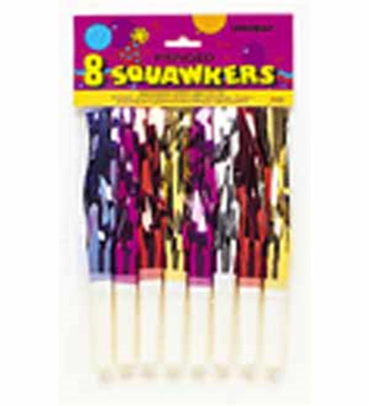 Eight colorful party blowouts with fringed foil in pink, purple, gold, and red in clear packaging.