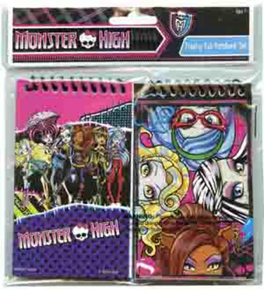 Two spiral-bound Monster High memo pads, one with a purple and pink cover featuring multiple characters, the other with a.