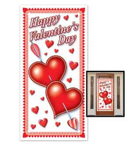 Valentine’s Day door cover with two large red hearts pierced by arrows, surrounded by smaller hearts and “Happy Valentine’s.