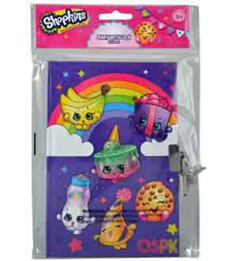 Purple Shopkins diary with rainbow, cute animated fruit and snack characters, and a small silver lock.