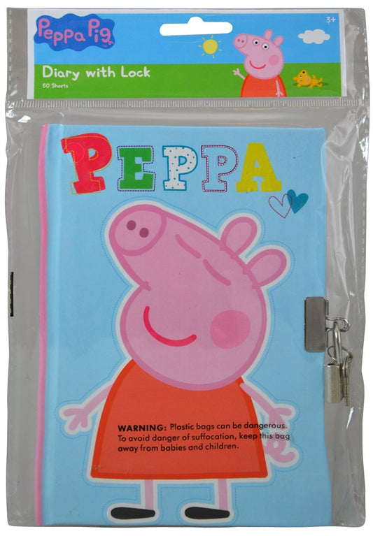 Blue Peppa Pig diary with colorful title, pink character on cover, and silver lock on side.