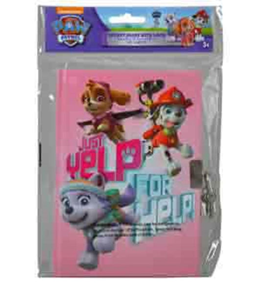 Pink Paw Patrol girl diary with cartoon puppy characters and "Just yelp for help" text on cover.