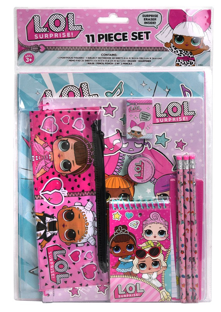 Lol Surprise 11-piece pink stationery set with character pencil case, notepad, ruler, eraser, sharpener, and pencils in.