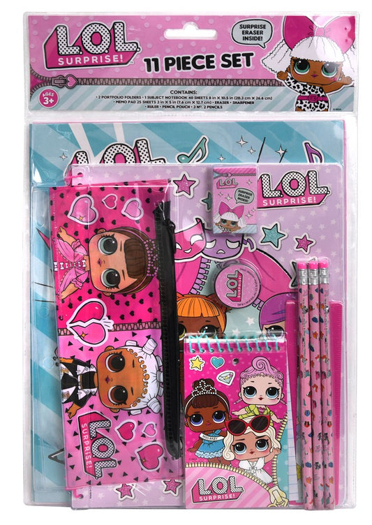 Lol Surprise 11-piece pink stationery set with character pencil case, notepad, ruler, eraser, sharpener, and pencils in.