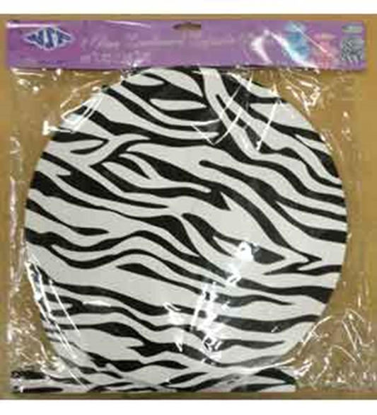 Round tiered cupcake stand with black and white zebra stripes in clear plastic packaging.