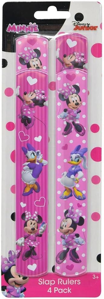 Set of four pink slap bracelets featuring Minnie Mouse, hearts, and polka dots designs.