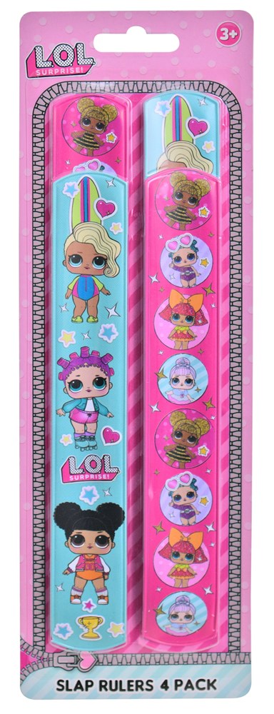 Four colorful slap rulers featuring LOL Surprise characters on bright pink and blue backgrounds, each with unique doll.