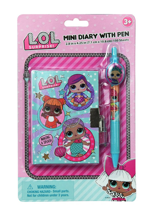 Pink mini diary with colorful LOL Surprise characters on cover, includes matching blue and pink pen on card backing.