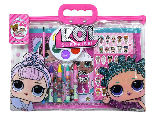 Clear pink zipper tote with Lol Surprise branding, containing colorful crayons, stickers, and stationery featuring cartoon.