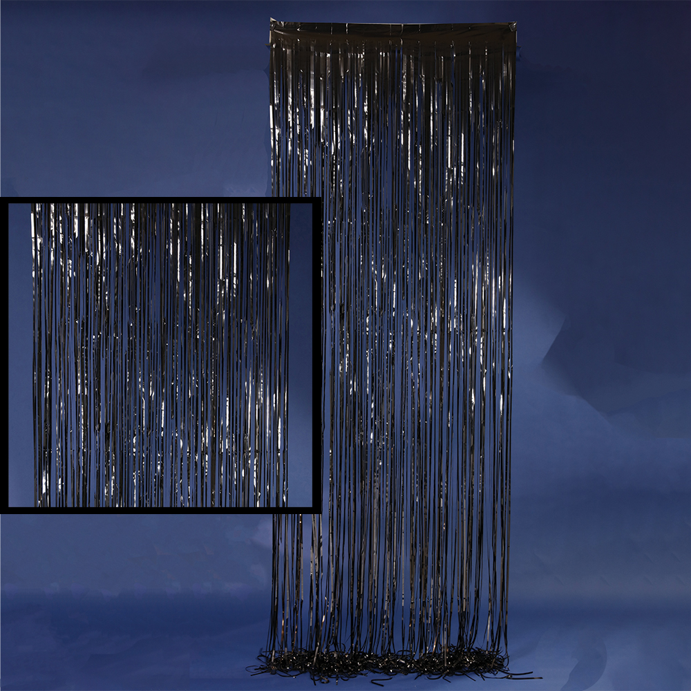 Black foil fringe backdrop curtain, 40 inches wide and 10 feet long, shiny strips hanging vertically.