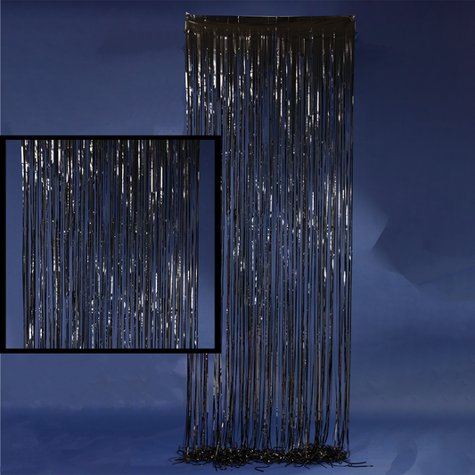 Black foil fringe backdrop curtain, 40 inches wide and 10 feet long, shiny strips hanging vertically.