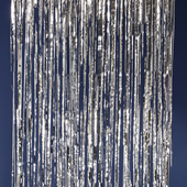 Silver foil fringe backdrop with long vertical strips, shiny and reflective surface.