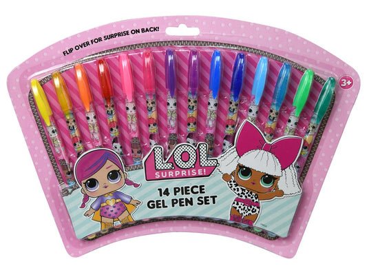 Set of 14 colorful gel pens with LOL Surprise character designs on translucent barrels, displayed in pink packaging.