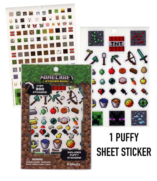 Minecraft sticker book with colorful pixelated puffy stickers featuring tools, blocks, and characters on four sheets.