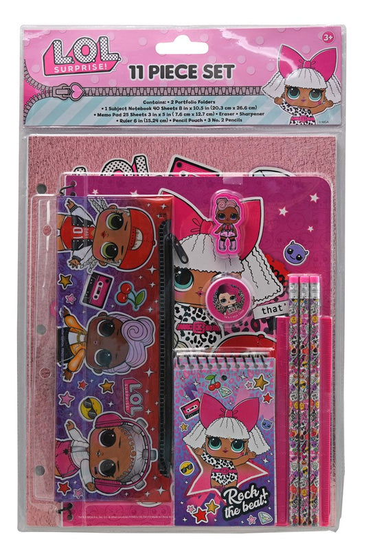 LOL Surprise 11-piece stationery set with pink and purple theme, featuring rulers, pencils, erasers, sharpener, and notepad.
