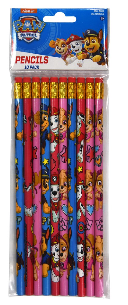 Set of 10 colorful wooden pencils featuring Paw Patrol characters in red, pink, blue, and purple designs with erasers.