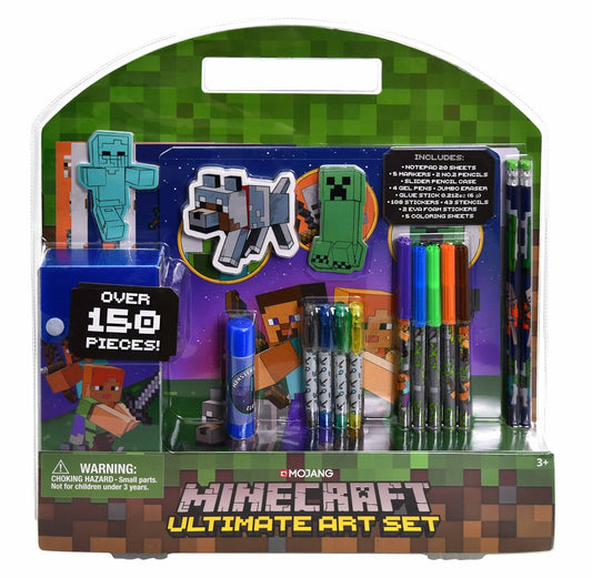 Minecraft Ultimate Art Set in clamshell packaging featuring pixelated green background, included markers, pencils, crayons,.