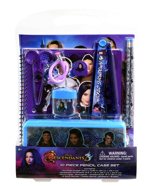 Descendants 3 themed 10-piece stationery set with purple pencil case, ruler, pencil sharpener, scissors, and pencils.