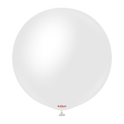 18 inch round opaque white satin balloon with a glossy finish and small red branding near the bottom valve.