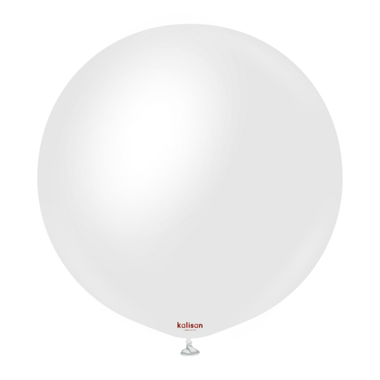 36-inch round opaque white satin balloon with subtle sheen and a small tied end at the bottom.