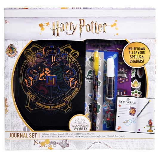 Harry Potter journal set with black hardcover featuring Hogwarts crest, gold foil title, colorful pens, and wizard-themed.