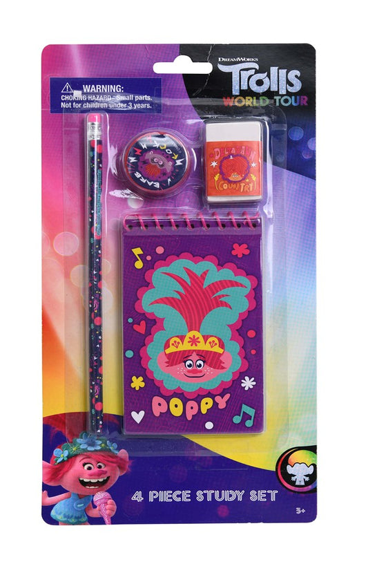 Trolls 2 study kit with pencil, pink sharpener, orange eraser, and purple notepad featuring Poppy character on colorful.