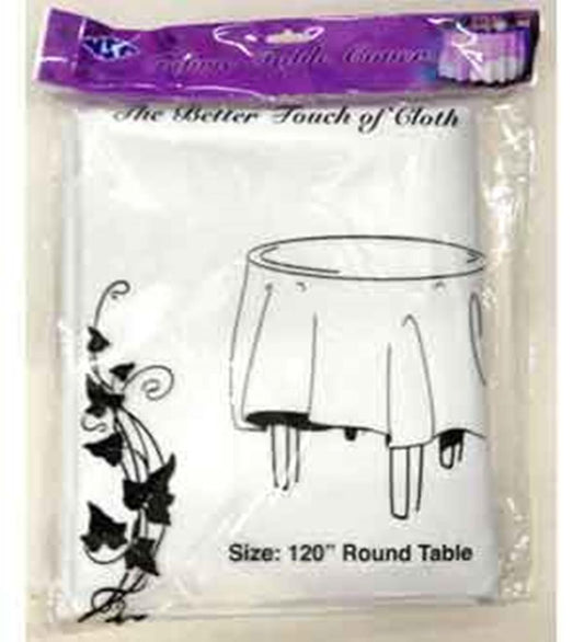 White round 120-inch tablecover with simple black floral design on packaging.