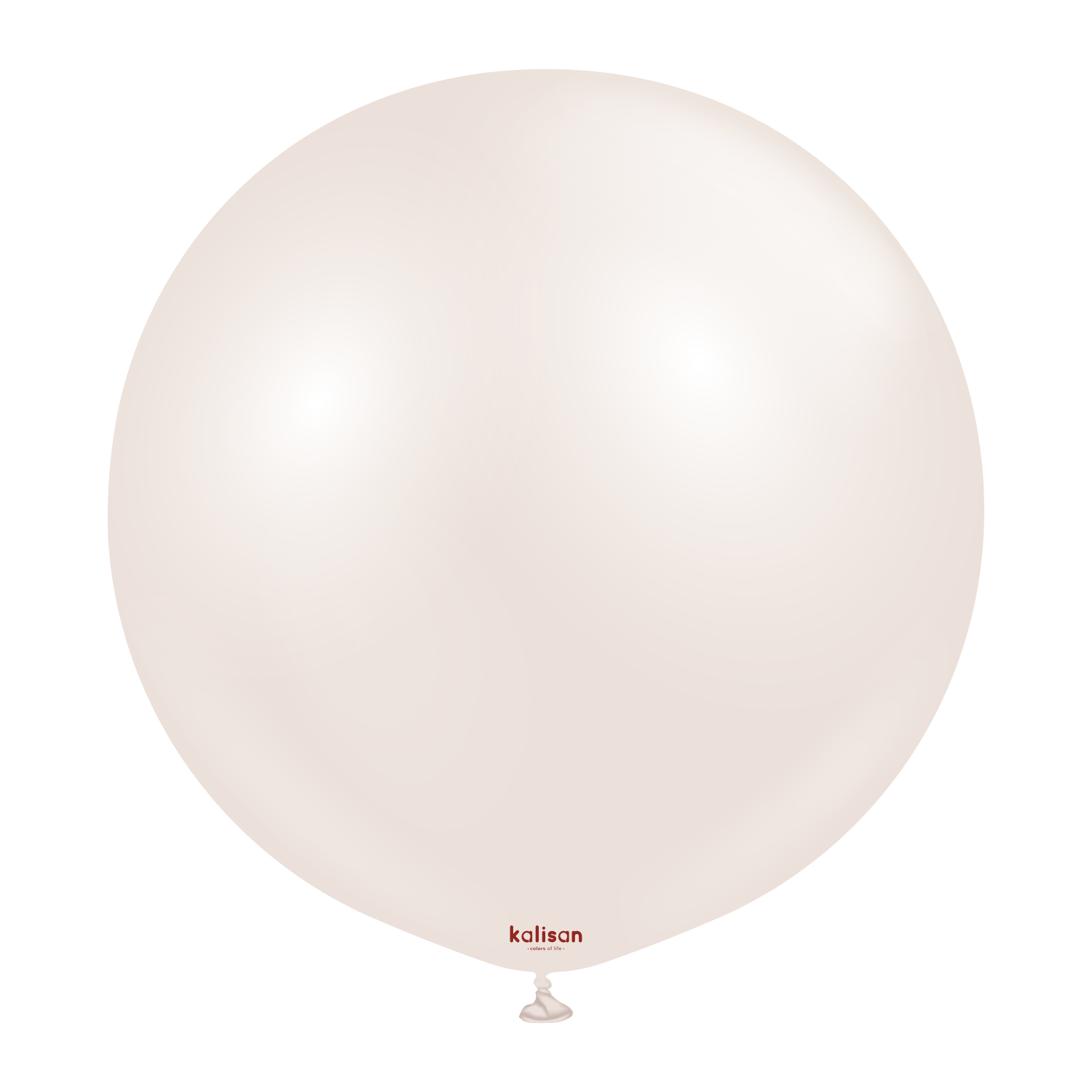 Large round cream beige balloon with a shiny surface and small tied neck at the bottom.