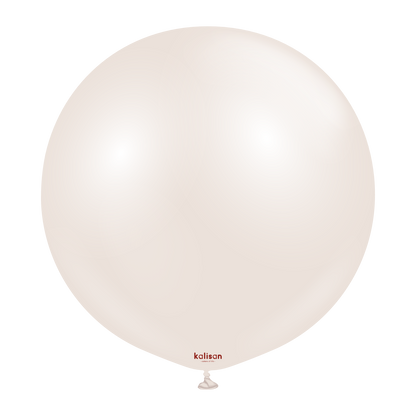 36-inch round beige cream latex balloon with a smooth matte finish and small red Kalisan logo near the tied end.
