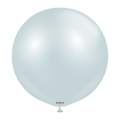 Large round light blue balloon with a smooth, shiny surface and a small red logo near the tied end.