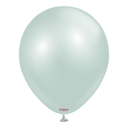 Pale icy mint green latex balloon with a smooth, glossy surface and a tied end at the bottom.