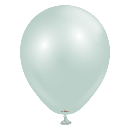 Light icy blue 5-inch latex balloon with a small red Kalisan logo near the tied end.