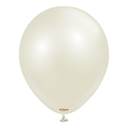 Ivory white 12-inch latex balloon with a smooth, glossy finish and small red Kalisan logo near the tied end.
