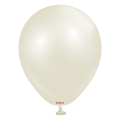 Ivory white 5-inch round latex balloon with small red logo near the tied end.