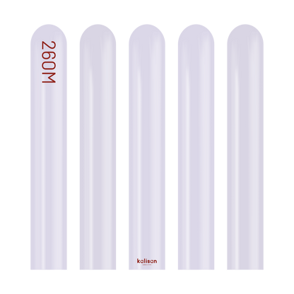 Set of five pale lavender cylindrical tubes with rounded tops, two tubes feature small red text "260M" and "kalisan" near.