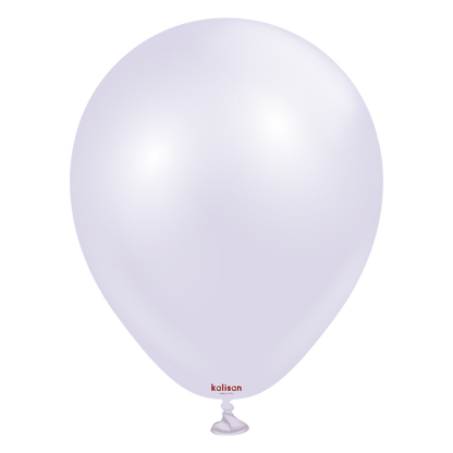 Glossy lavender-colored latex balloon inflated with tied white knot, smooth surface, round shape.