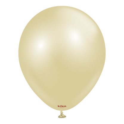 12-inch round antique gold latex balloon with a glossy finish and tied end.