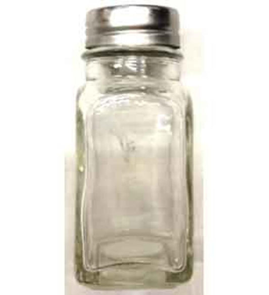 Clear rectangular glass jar with silver metal screw-top lid, compact size.