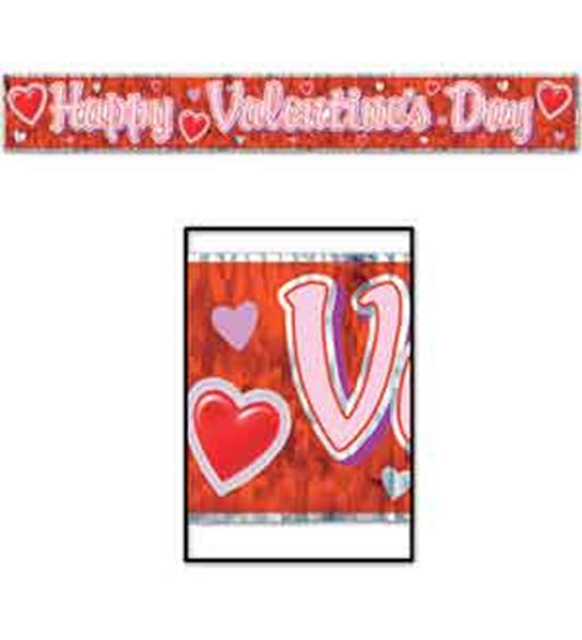 Red metallic Valentine banner with white script text and heart accents.