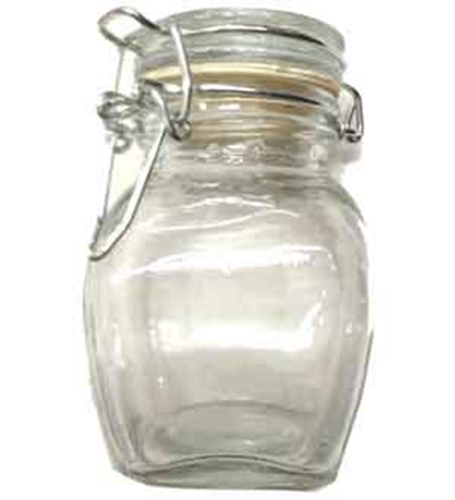 Clear glass jar with a metal clamp lid and rubber seal, compact 2x3 inch size.