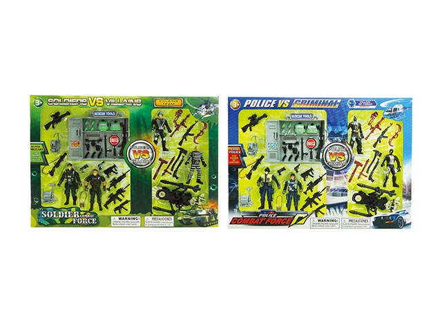 Two play sets each containing green and black plastic soldier and police action figures with accessories like weapons,.