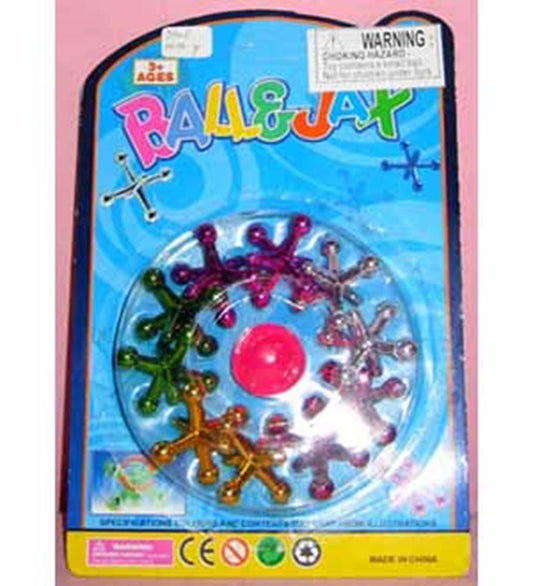 Colorful plastic jacks arranged in a circle around a red rubber ball on blue cardboard packaging.