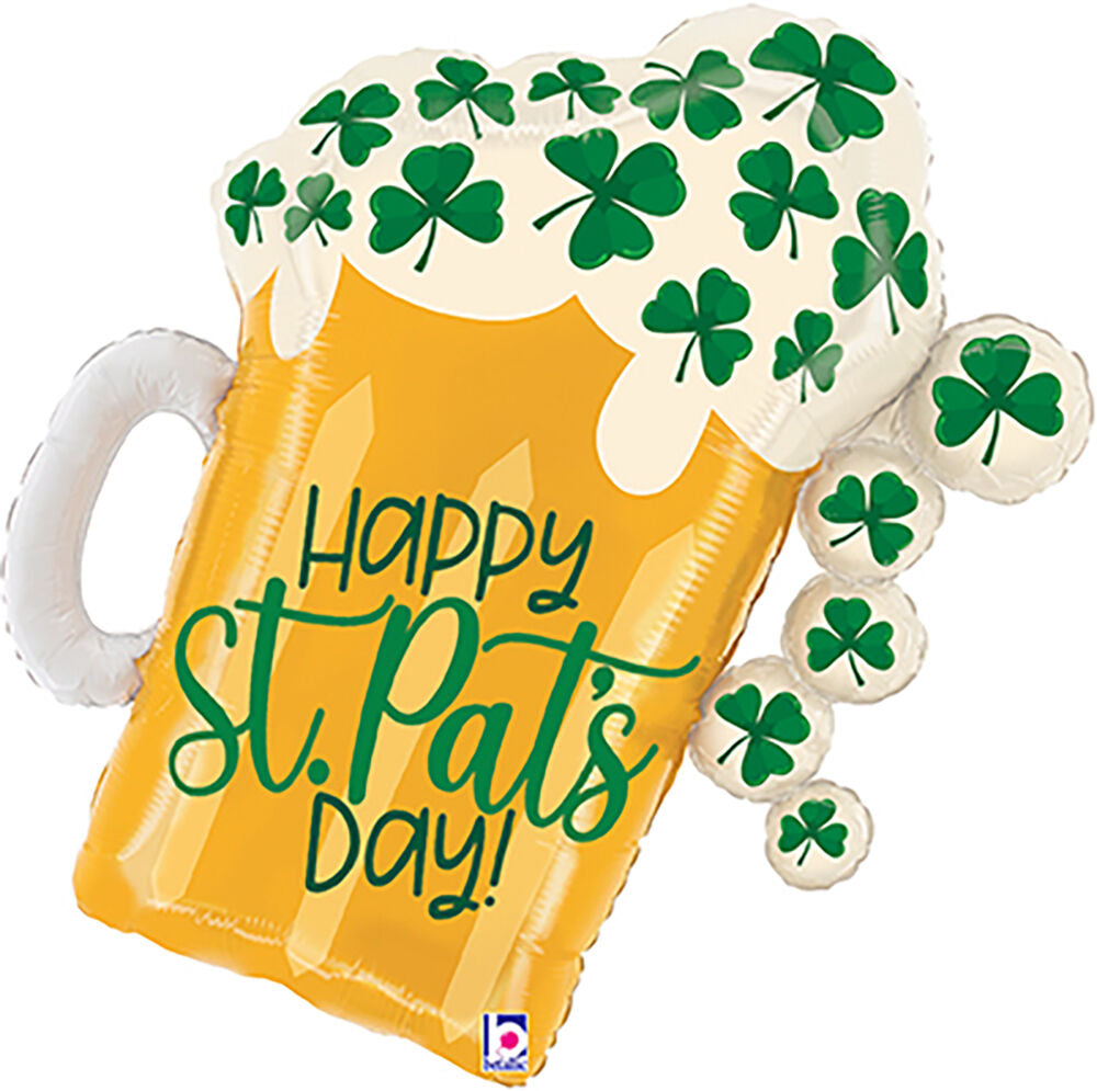 27-inch foil balloon shaped like a frothy beer mug with green shamrocks and "Happy St. Pat's Day!" text.