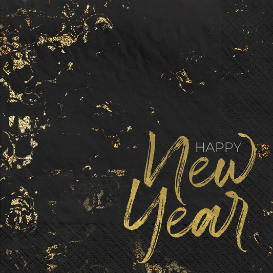 Black luncheon napkins with gold foil splatter and "Happy New Year" script in elegant gold lettering.
