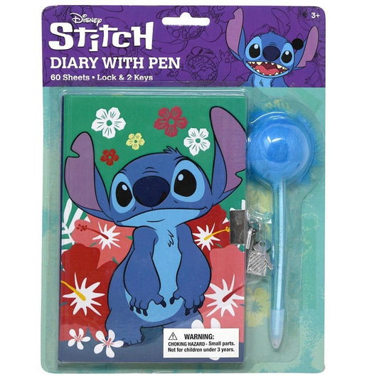 Blue Stitch character diary with green and red floral cover, lock, and matching blue pom-pom pen.
